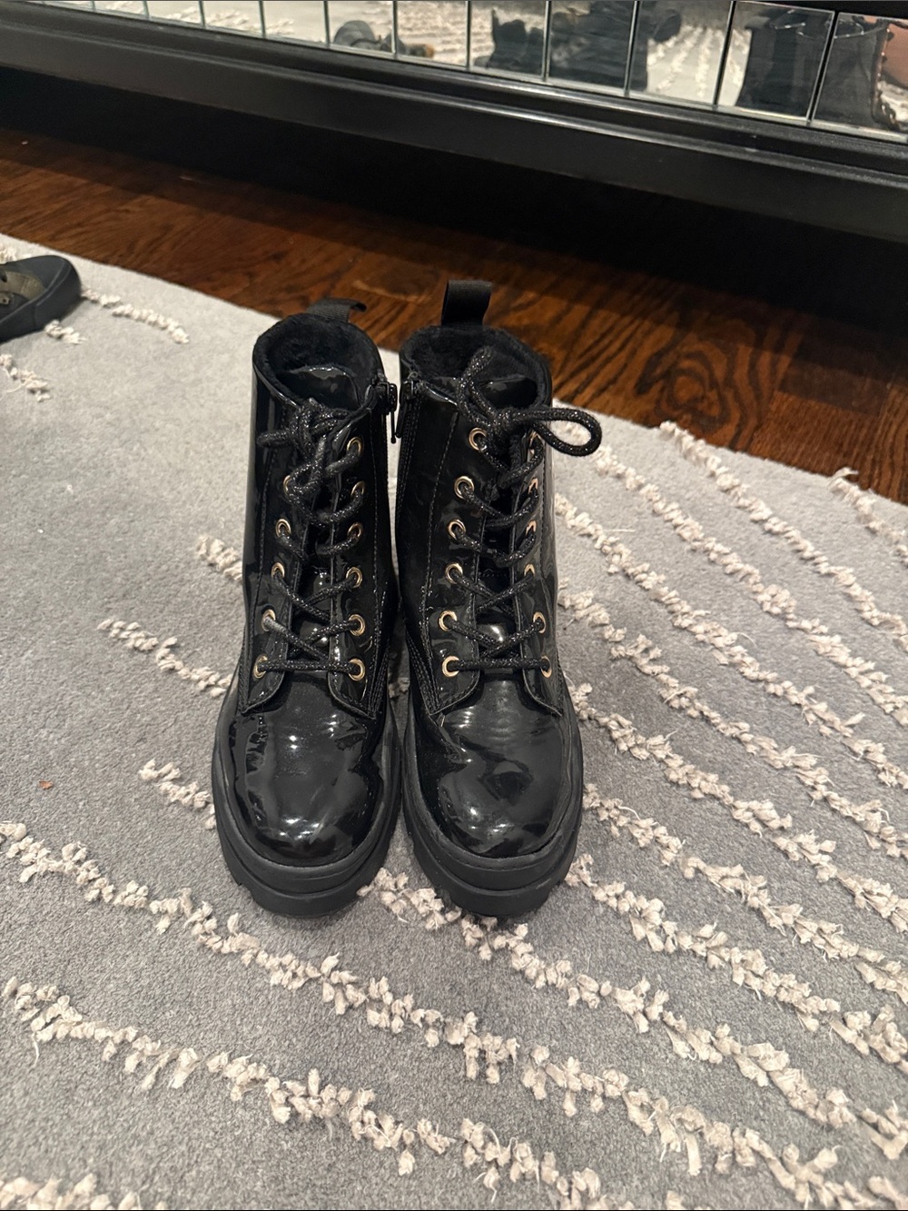 H&M Black Patent Lace-Up Combat Boots with Chunky Tread and easy side zipper
